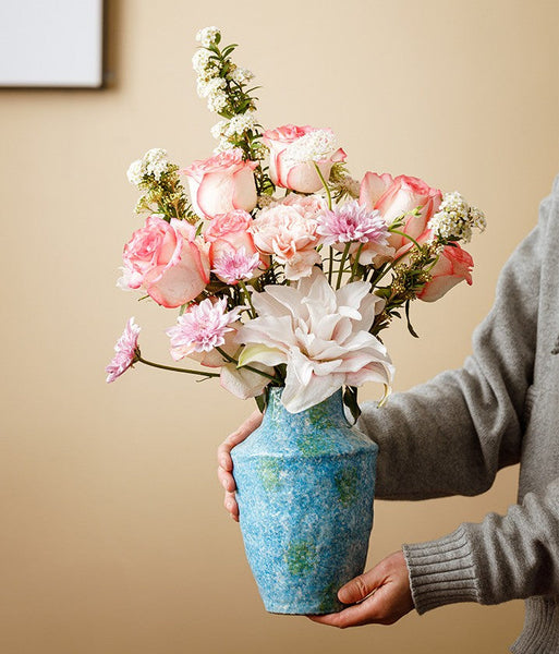 Centerpiece on Dining Table, Blue Flower Vase on Table, Handmade Water Holding Flower Vases, Pottery Flower Vases, Modern Bouquet Flower Vases-LargePaintingArt.com