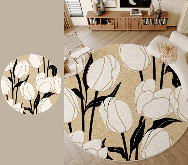 Tulip Circular Modern Rugs under Chairs, Geometric Round Rugs for Dining Room, Bedroom Abstract Modern Area Rugs, Contemporary Modern Rugs for Living Room-LargePaintingArt.com