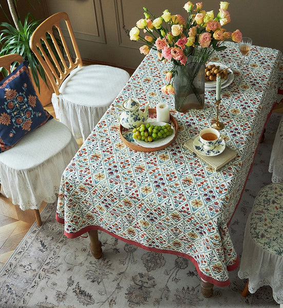 Large Rectangle Tablecloth for Home Decoration, Square Tablecloth for Round Table, Farmhouse Table Cloth Dining Room Table, Flower Pattern Tablecloth-LargePaintingArt.com