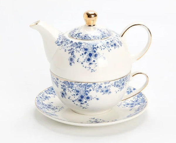 British Style Porcelain Teapot with Matching Cup and Saucer in Gift Box, Ceramic Tea Pot with Integrated Cup, Stackable Teapot and Cup Set, Mother-and-Baby Teapot with Matching Saucer-LargePaintingArt.com