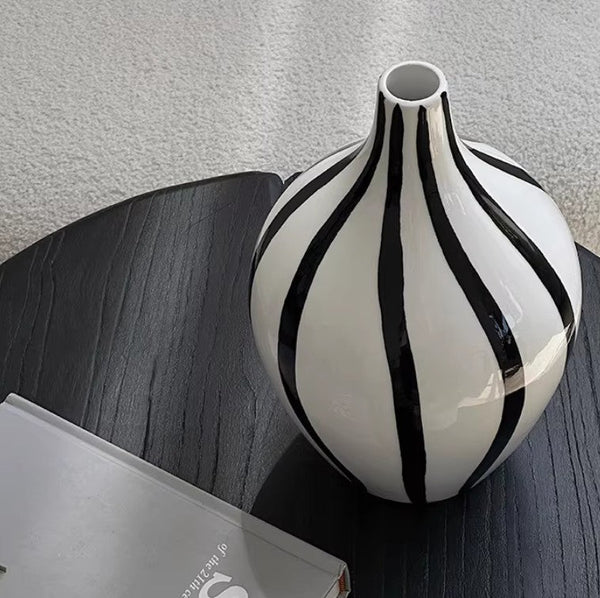 Water Holding Flower Vases, Black and White Striped Ceramic Vase, Porcelain Flower Vases, Modern Flower Vases on Table-LargePaintingArt.com