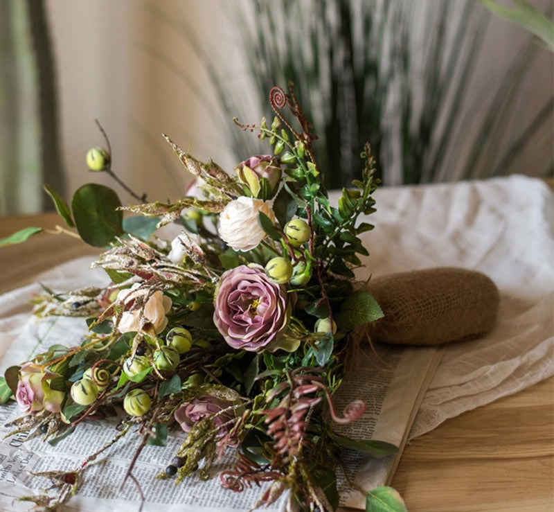 Eucalyptus leaves, Rose, Ranunculus Asiaticus Flowers, Beautiful Modern Flower Arrangement for Living Room, Ctreative Artificial Floral for Home Decoration-LargePaintingArt.com