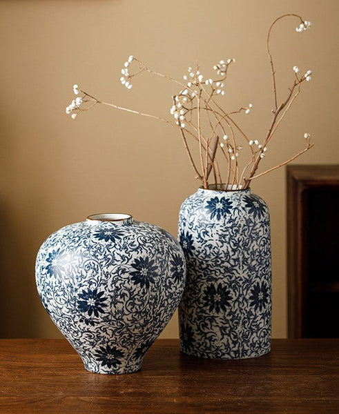 Centerpiece on Dining Table, Large Blue Flower Vase on Table, Vintage Bouquet Flower Vases, Handmade Porcelain Flower Vases Urn, Water Holding Flower Vases-LargePaintingArt.com