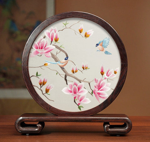 Unique Birthday Gift, Flower and Bird Embroidery Ornaments, Traditional Chinese Suzhou Silk Embroidered Ornament, Premium Souvenir, Exclusive Business Presents-LargePaintingArt.com