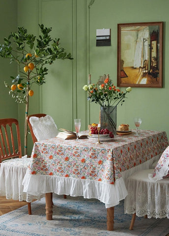 Extra Large Rectangle Tablecloth for Dining Room Table, Natural Spring Flower Farmhouse Table Cloth, Flower Pattern Cotton Tablecloth, Square Tablecloth for Round Table-LargePaintingArt.com