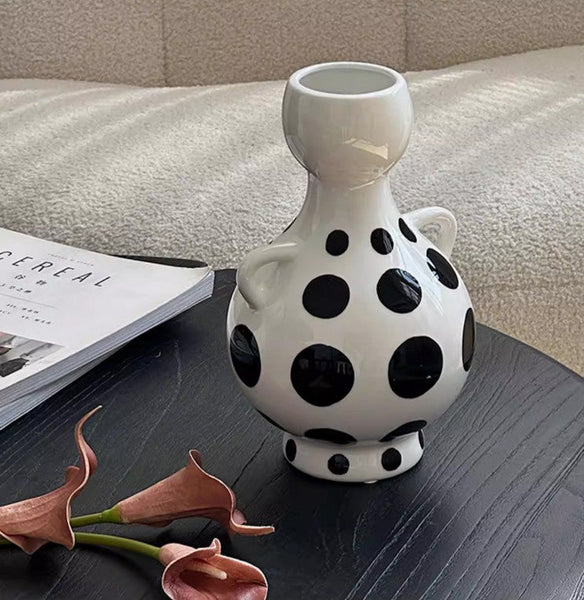 Ceramic Bud Vases, Small Flower Vases on Table, Black and White Polka Dot Flower Vase, Modern Porcelain Flower Vases, Handmade Water Holding Flower Vases-LargePaintingArt.com