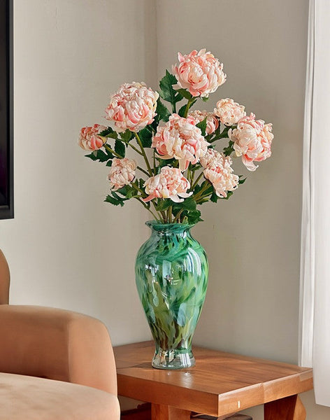 Large Green Glass Flower Vases, Modern Glass Flower Vases, Water Holding Flower Vases, Handmade Flower Vases on Table-LargePaintingArt.com