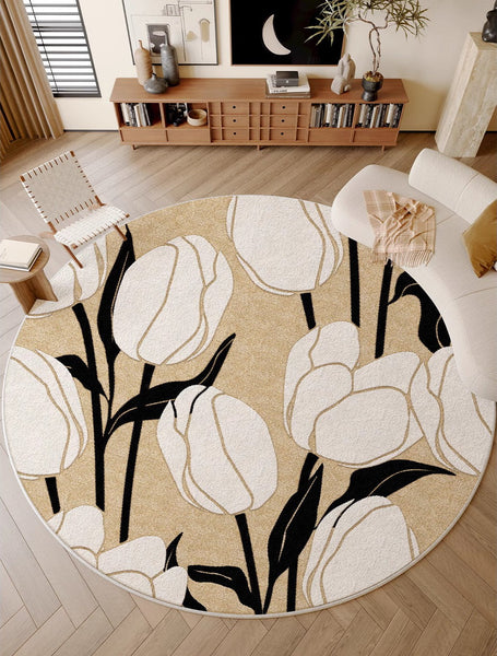 Tulip Circular Modern Rugs under Chairs, Geometric Round Rugs for Dining Room, Bedroom Abstract Modern Area Rugs, Contemporary Modern Rugs for Living Room-LargePaintingArt.com