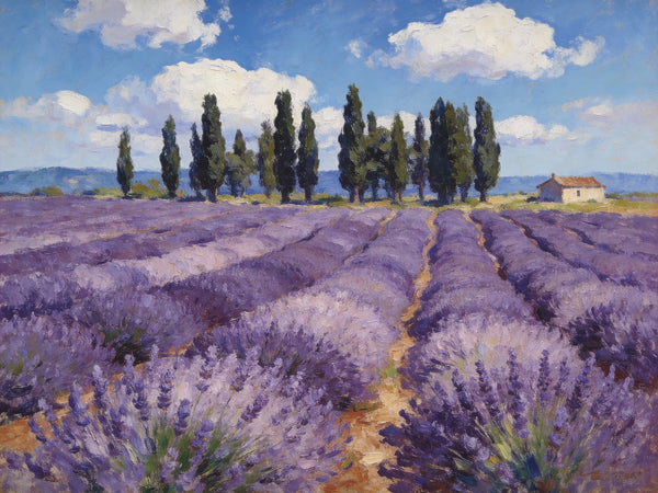 On Canvas Small Paintings, Rural Provence Idyll, Lavender Fields, Trees, and a Cottage, Landscape Canvas Paintings, Simple Painting Ideas, Hand Painted Wall Art, Small Wall Paintings-LargePaintingArt.com
