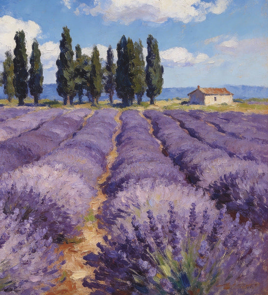 On Canvas Small Paintings, Rural Provence Idyll, Lavender Fields, Trees, and a Cottage, Landscape Canvas Paintings, Simple Painting Ideas, Hand Painted Wall Art, Small Wall Paintings-LargePaintingArt.com