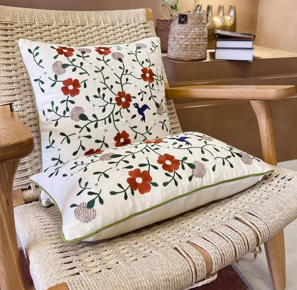 Bird Spring Flower Decorative Throw Pillows, Farmhouse Sofa Decorative Pillows, Embroider Flower Cotton Pillow Covers, Flower Decorative Throw Pillows for Couch-LargePaintingArt.com