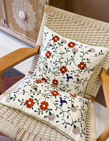 Bird Spring Flower Decorative Throw Pillows, Farmhouse Sofa Decorative Pillows, Embroider Flower Cotton Pillow Covers, Flower Decorative Throw Pillows for Couch-LargePaintingArt.com