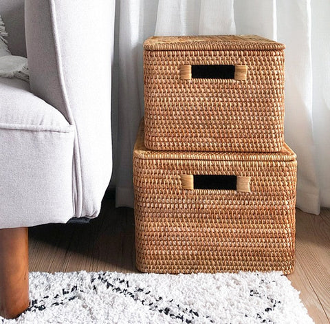 Rectangular Storage Basket with Lid, Rattan Storage Basket for Shelves, Extra Large Storage Baskets for Bedroom, Storage Baskets for Clothes-LargePaintingArt.com