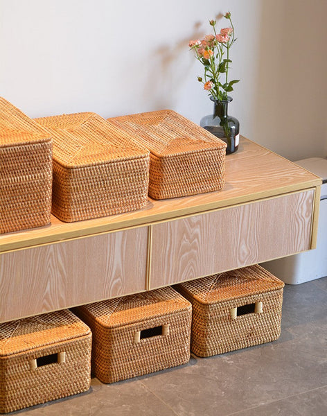Extra Large Storage Baskets for Clothes, Oversized Rectangular Storage Basket with Lid, Wicker Rattan Storage Basket for Shelves, Storage Baskets for Bedroom-LargePaintingArt.com
