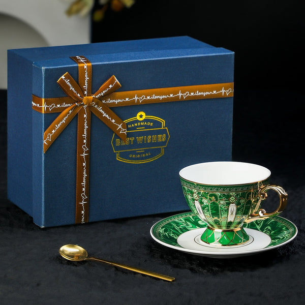 British Royal Tea Cup and Saucer in Gift Box, British Green Tea Cup set, 8 oz Elegant Ceramic Coffee Cups, Porcelain Tea Cup Saucer Set-LargePaintingArt.com