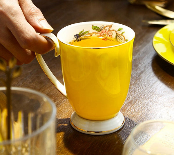 Creative Yellow Bone China Porcelain Tea Cup, Elegant Yellow Ceramic Mug, Unique Royal Ceramic Mugs, Beautiful British Tea Cups-LargePaintingArt.com