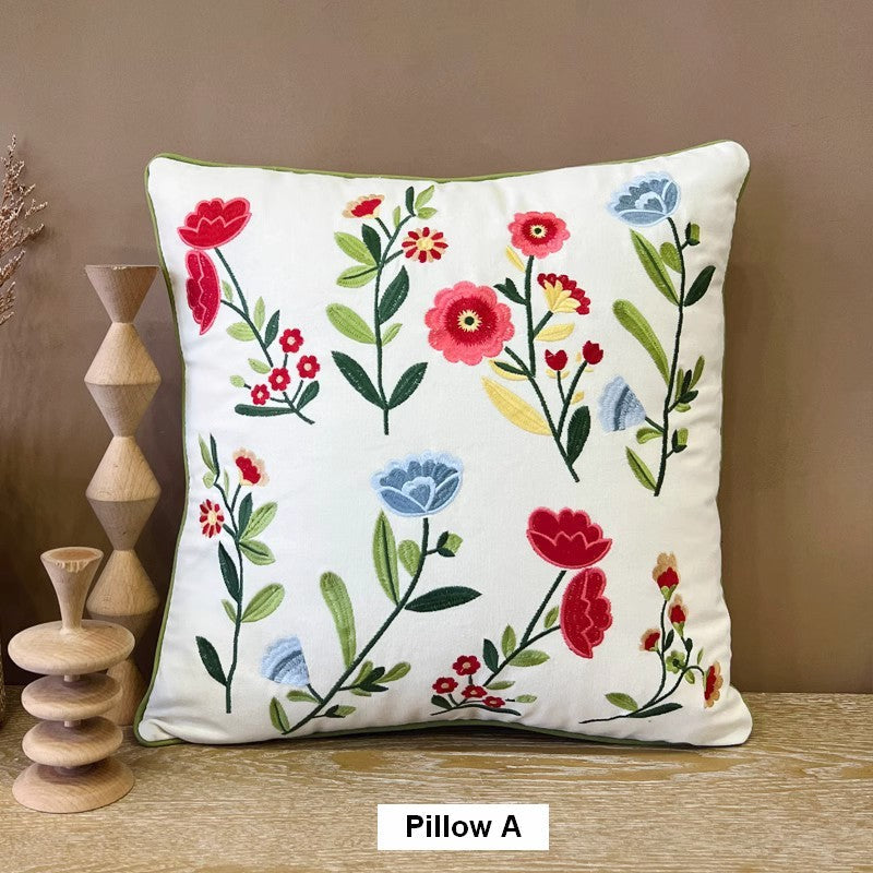 Throw Pillows for Couch, Spring Flower Decorative Throw Pillows, Farmhouse Sofa Decorative Pillows, Embroider Flower Cotton Pillow Covers-LargePaintingArt.com
