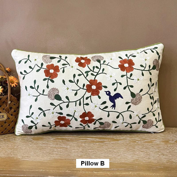 Bird Spring Flower Decorative Throw Pillows, Farmhouse Sofa Decorative Pillows, Embroider Flower Cotton Pillow Covers, Flower Decorative Throw Pillows for Couch-LargePaintingArt.com