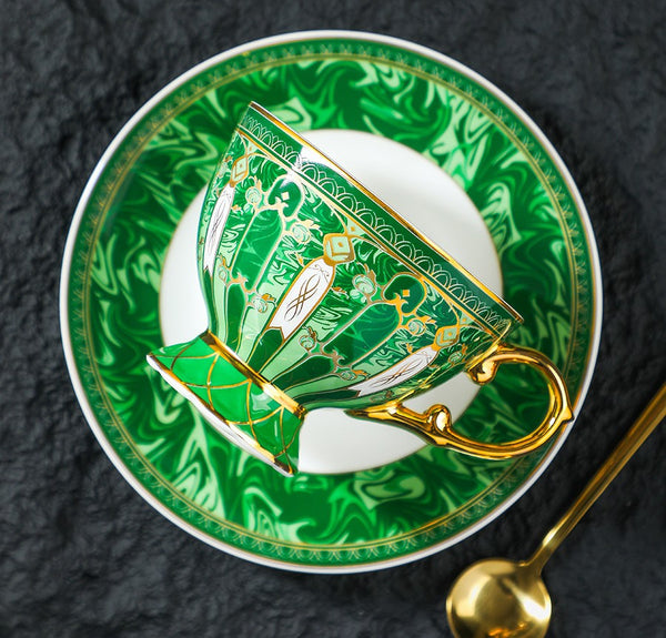 British Royal Tea Cup and Saucer in Gift Box, British Green Tea Cup set, 8 oz Elegant Ceramic Coffee Cups, Porcelain Tea Cup Saucer Set-LargePaintingArt.com