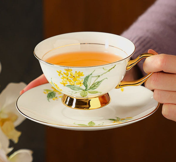 Elegant Floral Ceramic Coffee Cup and Saucer, 7.4 oz Flower Tea Cup and Saucer Set, British Royal Ceramic Tea Cups for Traditional Afternoon Tea, Porcelain Tea Cup and Saucer Set in Gift Box-LargePaintingArt.com