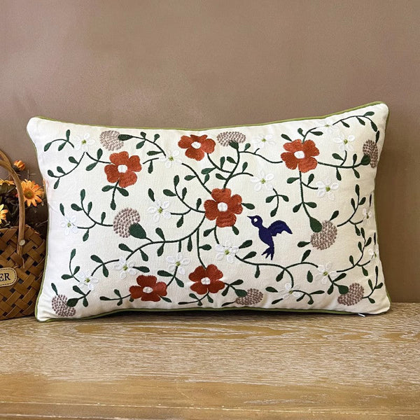 Bird Spring Flower Decorative Throw Pillows, Farmhouse Sofa Decorative Pillows, Embroider Flower Cotton Pillow Covers, Flower Decorative Throw Pillows for Couch-LargePaintingArt.com