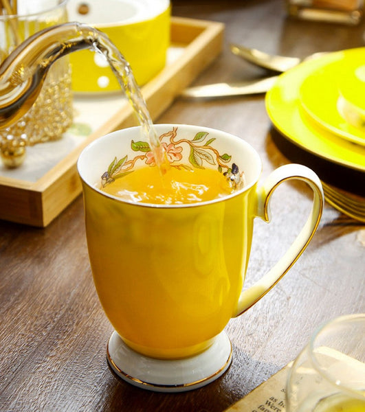 Creative Yellow Bone China Porcelain Tea Cup, Elegant Yellow Ceramic Mug, Unique Royal Ceramic Mugs, Beautiful British Tea Cups-LargePaintingArt.com