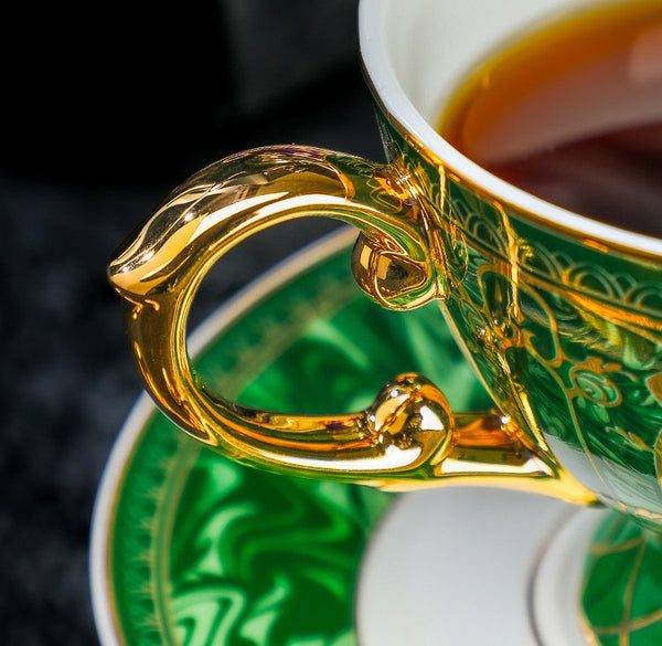 British Royal Tea Cup and Saucer in Gift Box, British Green Tea Cup set, 8 oz Elegant Ceramic Coffee Cups, Porcelain Tea Cup Saucer Set-LargePaintingArt.com