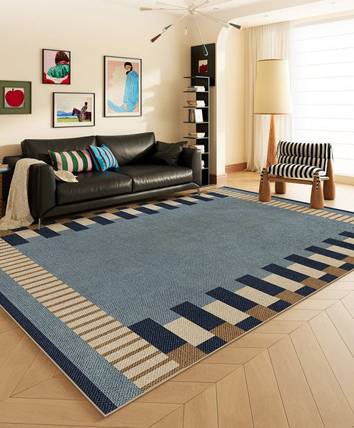 Geometric Modern Area Rugs, Modern Living Room Rug Ideas, Mid Century Contemporary Rugs, Blue Modern Rugs for Dining Room-LargePaintingArt.com