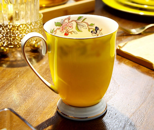 Creative Yellow Porcelain Tea Cup, 10 oz Yellow Ceramic Mug, Unique Royal Ceramic Mugs, Beautiful British Tea Cups-LargePaintingArt.com