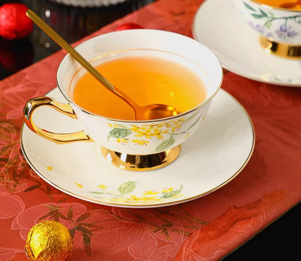 Elegant Floral Ceramic Coffee Cup and Saucer, 7.4 oz Flower Tea Cup and Saucer Set, British Royal Ceramic Tea Cups for Traditional Afternoon Tea, Porcelain Tea Cup and Saucer Set in Gift Box-LargePaintingArt.com