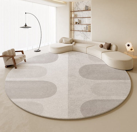 Abstract Modern Rugs for Living Room, Contemporary Round Rugs Next to Bed, Grey Geometric Carpets for Sale, Circular Rugs under Dining Room Table-LargePaintingArt.com
