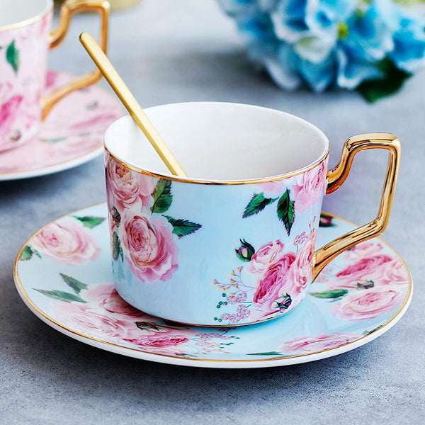 Blue Coffee Cups with Gold Trim and Gift Box, British Tea Cups, Porcelain Coffee Cups, Rose Flower Tea Cups and Saucers, Latte Coffee Cups-LargePaintingArt.com
