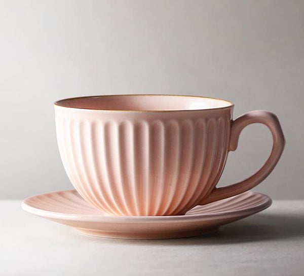 White Pottery Coffee Cups, Cappuccino Coffee Mug, Latte Coffee Cup, Pink Tea Cup, Ceramic Coffee Cup, Coffee Cup and Saucer Set-LargePaintingArt.com
