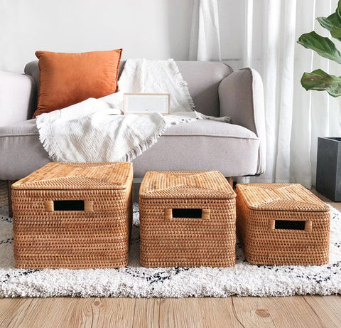 Rectangular Storage Basket with Lid, Rattan Storage Baskets for Clothes, Kitchen Storage Baskets, Oversized Storage Baskets for Living Room-LargePaintingArt.com