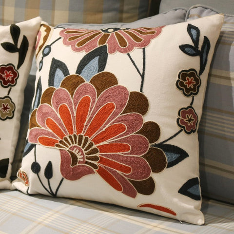 Sofa Decorative Pillows, Embroider Flower Cotton Pillow Covers, Flower Decorative Throw Pillows for Couch, Farmhouse Decorative Throw Pillows-LargePaintingArt.com
