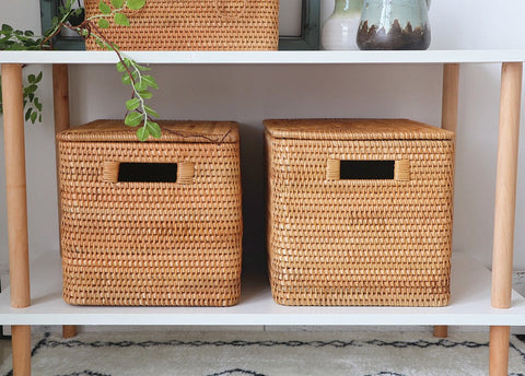 Square Storage Basket with Lid, Extra Large Storage Baskets for Clothes, Rattan Storage Basket for Shelves, Oversized Storage Baskets for Kitchen-LargePaintingArt.com