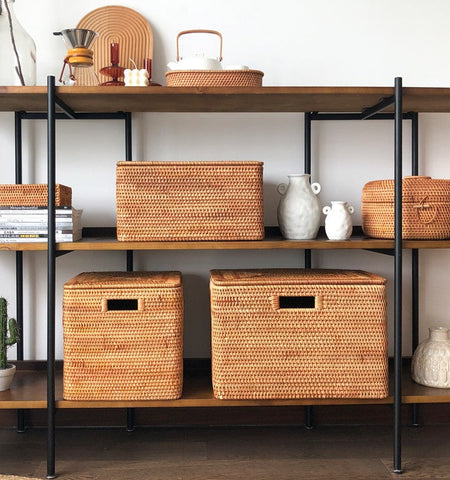 Woven Rectangular Storage Baskets, Rattan Storage Basket with Lid, Storage Baskets for Clothes, Extra Large Storage Baskets for Shelves-LargePaintingArt.com