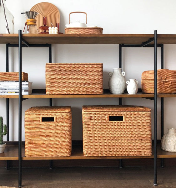 Extra Large Storage Baskets for Clothes, Oversized Rectangular Storage Basket with Lid, Wicker Rattan Storage Basket for Shelves, Storage Baskets for Bedroom-LargePaintingArt.com