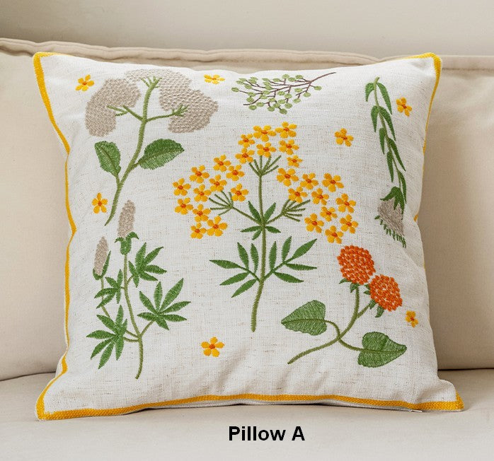 Decorative Pillows for Couch, Spring Flower Decorative Throw Pillows, Farmhouse Sofa Decorative Pillows, Embroider Flower Cotton Pillow Covers-LargePaintingArt.com