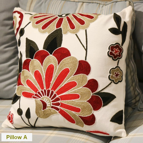 Decorative Pillows for Sofa, Flower Decorative Throw Pillows for Couch, Embroider Flower Cotton Pillow Covers, Farmhouse Decorative Throw Pillows-LargePaintingArt.com