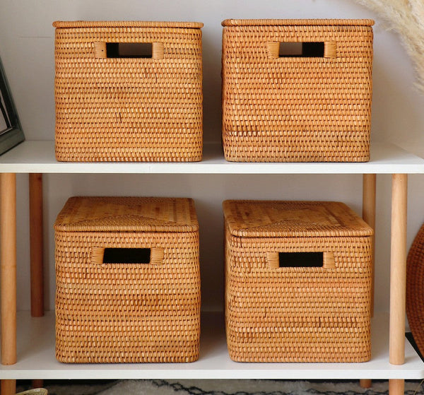 Rectangular Storage Basket with Lid, Rattan Storage Baskets for Shelves, Kitchen Storage Baskets, Storage Baskets for Clothes, Laundry Woven Baskets-LargePaintingArt.com