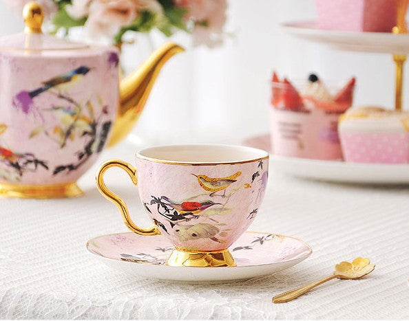 Elegant Pink Ceramic Coffee Cups, Unique Bird Flower Tea Cup and Saucer in Gift Box as Birthday Gift, Beautiful British Tea Cups, Royal Porcelain Tea Cup Set-LargePaintingArt.com