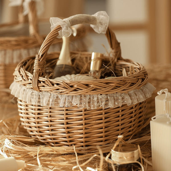 Storage Basket for Kitchen, Picnic Storage Basket with Handle, Hand-woven Wicker Storage Basket, Natural Fruit Basket, Willow Weaving Baskets for Shelves