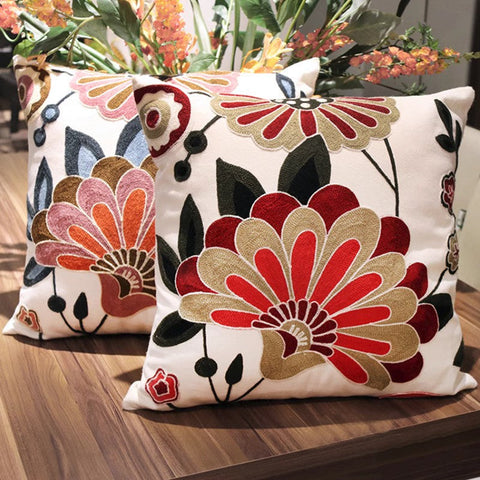 Decorative Pillows for Sofa, Flower Decorative Throw Pillows for Couch, Embroider Flower Cotton Pillow Covers, Farmhouse Decorative Throw Pillows-LargePaintingArt.com