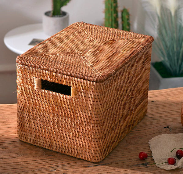 Rectangular Storage Basket with Lid, Rattan Storage Baskets for Clothes, Kitchen Storage Baskets, Oversized Storage Baskets for Living Room-LargePaintingArt.com