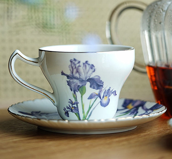 Beautiful Porcelain Tea Cup Saucer Set, Iris Flower British Tea Cups, Traditional English Tea Cup and Saucer, Unique Ceramic Coffee Cups in Gift Box-LargePaintingArt.com