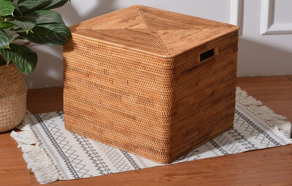 Wicker Storage Baskets for Bathroom, Rattan Rectangular Storage Basket with Lid, Extra Large Storage Baskets for Clothes, Storage Baskets for Bedroom-LargePaintingArt.com
