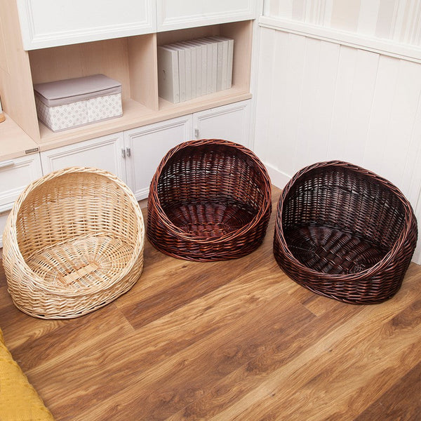 Natural Wicker Cat House Basket with Washable Cushion for Indoor Cats and Dogs, Hand woven Rattan Cat Bed-LargePaintingArt.com