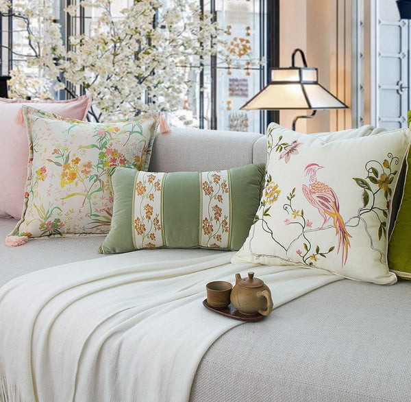 Decorative Pillows for Bed, Living Room Decorative Pillows, Modern Decorative Cushions, Decorative Pillow Arrangement Ideas for Interior Design, Embroidered Floral Bird Pattern Pillow Covers-LargePaintingArt.com
