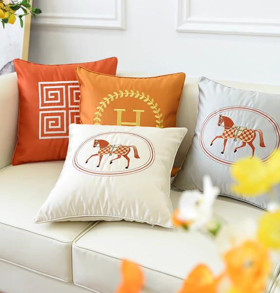 Modern Decorative Throw Pillows, Horse Decorative Throw Pillows for Couch, Embroider Horse Pillow Covers, Modern Sofa Decorative Pillows-LargePaintingArt.com